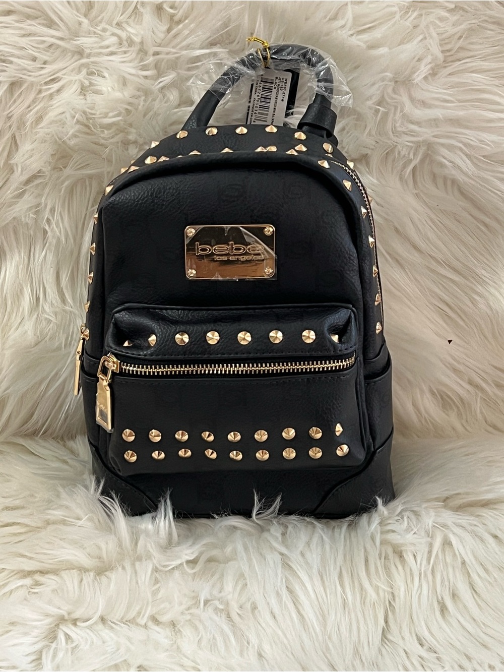 bebe Black Mini Studded Backpack with Gold Hardware